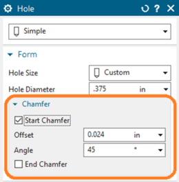 CAM Display showing hole edge chamfers