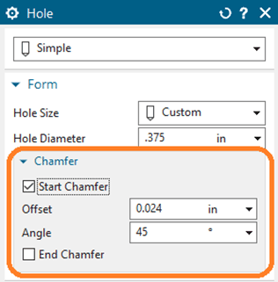 CAM Display showing hole edge chamfers