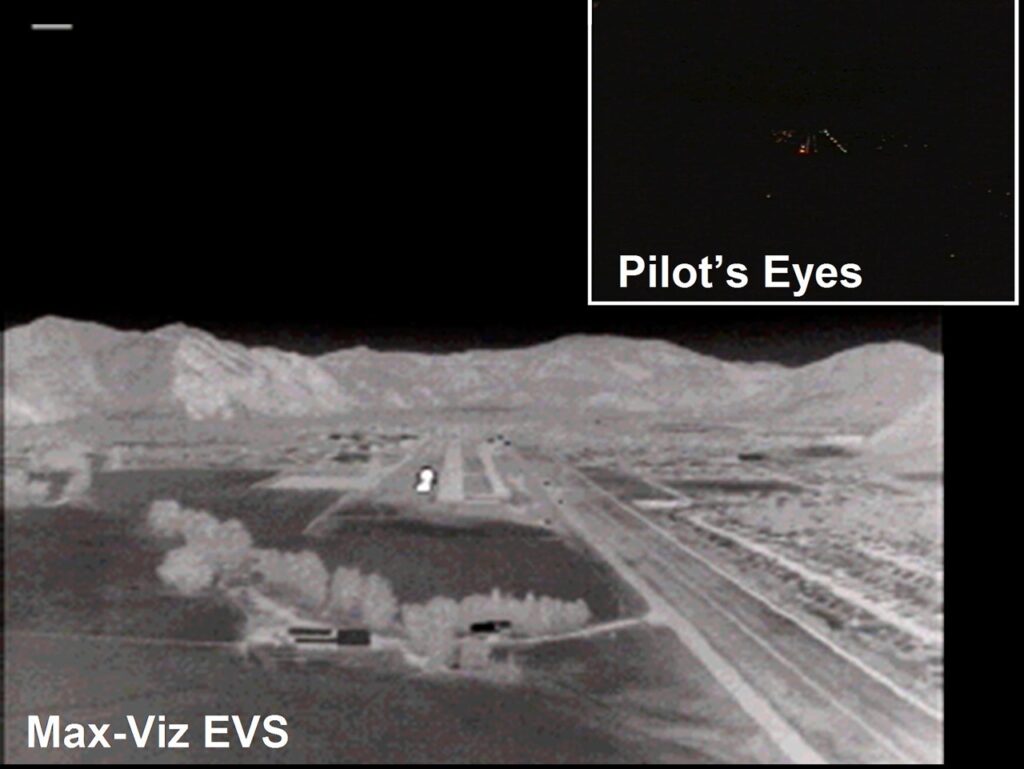What a pilot sees on a remote runaway at final approach with and without the  thermal camera in the Enhanced Vision System. 